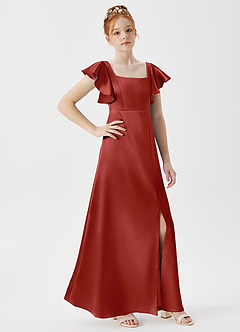 Azazie Bondi Junior Rust A-Line Side Slit Metallic Satin Dress image3