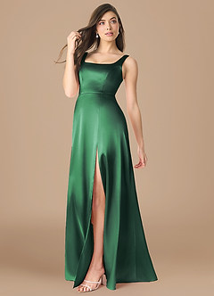 Azazie Joyce Bridesmaid Dresses Dark Green A-Line Side Slit Metallic Satin Dress image3
