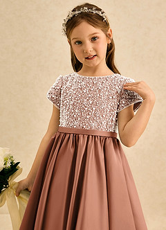 Azazie Cashew Flower Girl Dresses Bronzer Ball-Gown with Sleeves Matte Satin Dress image6