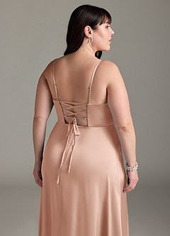 Azazie Marchella Bridesmaid Dresses Rose Gold A-Line Corset Stretch Satin Dress image12