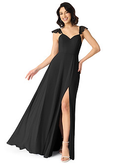 Azazie Everett Bridesmaid Dresses Black A-Line V-neck Ruched Chiffon Dress image1