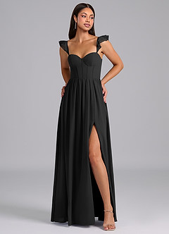 Azazie Denisse Bridesmaid Dresses Black A-Line Ruched Chiffon Dress image1