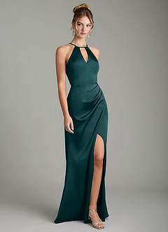 Azazie Aidyn Bridesmaid Dresses Pine Sheath Pleated Stretch Satin Dress image3