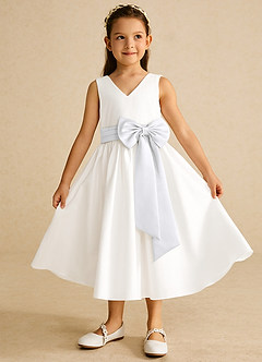 Azazie Darling Flower Girl Dresses Ivory White A-Line Bow Cotton Dress image2