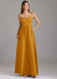 Azazie Marley Bridesmaid Dresses Butterscotch A-Line Off the Shoulder Stretch Satin Convertible Dress image3