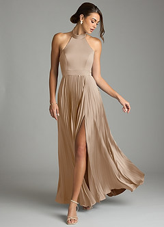 Azazie Zienna 신부 들러리 드레스 A라인 주름진 스트레치 새틴 바닥 길이 드레스 image3