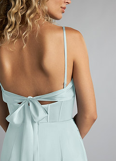 Azazie Mai Bridesmaid Dresses Mist Sheath Pleated Stretch Satin Dress image5