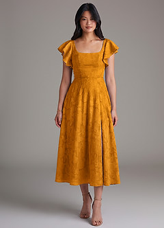 Azazie Bondi Brautjungfernkleider A-Linie Gestreift Blumen-Burnout Kleid Butterscotch image4