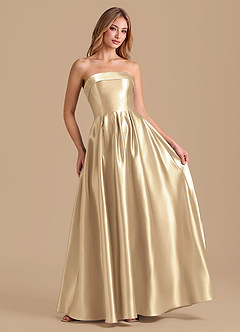Azazie Lucienne Bridesmaid Dresses Champagne A-Line Pleated Metallic Satin Dress image3