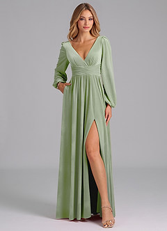 Azazie Norah Bridesmaid Dresses Dusty Sage A-Line Long Sleeve Velvet Dress image3