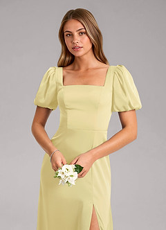Azazie Fyona Vestidos de damas de honor Vestido de Sorbete De Limón de Satén Elástico de Corte en A con Plisado image6