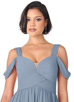 Azazie Lianne Bridesmaid Dresses Dusty Blue A-Line Off the Shoulder Chiffon Dress image5