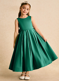 Azazie Cailee Flower Girl Dresses Emerald Ball-Gown Pleated Matte Satin Dress image2