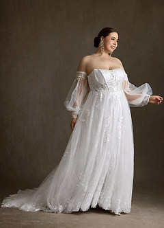 Azazie Elowyn Vestidos de novia Vestido Diamante Blanco de Encaje de Corte Princesa con Palabra de honor image3