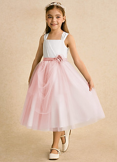 Azazie Bonny Flower Girl Dresses Ivory Blushing Pink Ball-Gown Pleated Tulle Dress image6