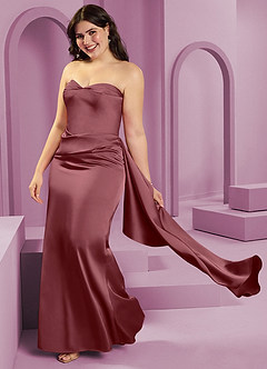 Barbie ♥ Azazie Robes de demoiselle d'honneur Robe Fourreau Convertible en Satin extensible Sans bretelle Rose Du Désert image14