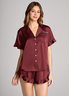 front Matching Color Personalized Embroidered Name Ruffled Short Sleeve Pajama Set