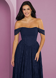 Barbie ♥ Azazie Jurken voor bruidsmeisjes Converteerbaar Jurk van Bloemen Burn-out met A-Lijn Off the Shoulder Donkere Marine image4