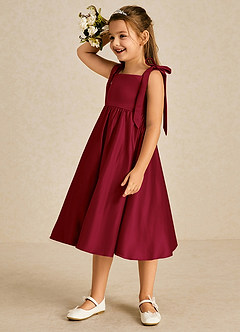 Azazie Chelsie Flower Girl Dresses Burgundy A-Line Bow Matte Satin Dress image4