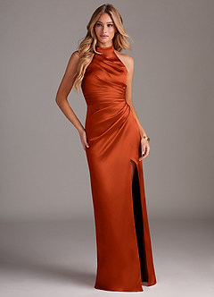 Azazie Jemma Bridesmaid Dresses Paprika Sheath Pleated Stretch Satin Dress image3