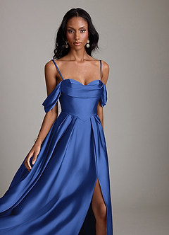 Azazie Loisa Bridesmaid Dresses Royal Blue A-Line Off the Shoulder Stretch Satin Dress image3