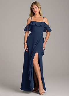 Azazie Aubrie Bridesmaid Dresses Dark Navy A-Line Off the Shoulder Chiffon Dress image4