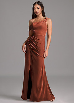 Azazie Madelyn Bridesmaid Dresses Terracotta Sheath One Shoulder Velvet Dress image4