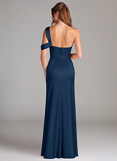Azazie Wynter Bridesmaid Dresses Dark Navy Sheath Off the Shoulder Stretch Satin Dress image2