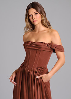 Azazie Hattie Bridesmaid Dresses Terracotta A-Line Ruched Velvet Dress image2
