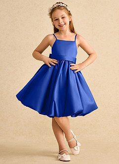 Azazie Davine Robe Demoiselle D'honneur Fillette Robe Trapèze en Mat Satiné Bretelle Spaghetti Bleu Roi image3