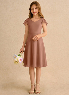 Azazie Narin Girls Formal Robe Demoiselle D'honneur Fillette Robe Trapèze en Mousseline de soie avec manches Bronze image3