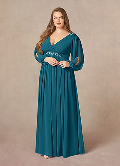 Azazie Gypsy vestidos de madre de la novia Vestido de Azul Tinta de Gasa de Corte En A con Lentejuelas cuello pico image10