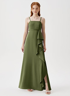 Azazie Kaylee Junior Olive A-Line with Belt Stretch Satin Dress image3
