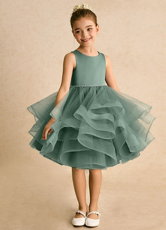 Azazie Tinie Blumenmädchenkleider Ballkleid Schleifen Tüll Kleid Eukalyptus image3