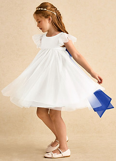 Azazie Munchkin Flower Girl Dresses Ivory Royal Blue A-Line Bow Tulle Dress image5