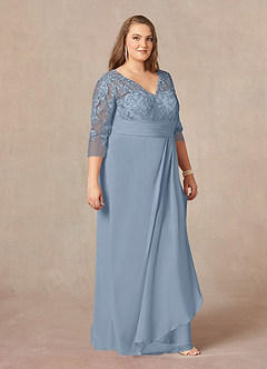 Azazie Joan Mère de la mariée Robes Robe Fourreau en Mousseline de soie Col V Dentelle Bleu Poussiéreux image9