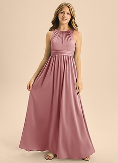 Azazie Jaylah Junior Vestido de Rosa Polvorienta de Satén Elástico de Corte En A con Plisado image4