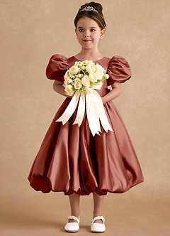 Azazie Jellybean Flower Girl Dresses Auburn Ball-Gown Ruched Matte Satin Dress image3