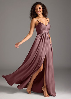 Azazie Alia Bridesmaid Dresses Vintage Mauve A-Line Pleated Stretch Satin Dress image2