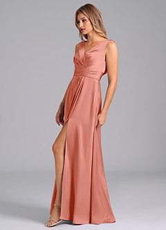 Azazie Karina Bridesmaid Dresses Coral A-Line Pleated Stretch Satin Dress image3
