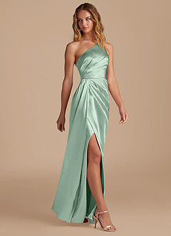 Azazie Mika Bridesmaid Dresses Agave Sheath One Shoulder Metallic Satin Dress image4