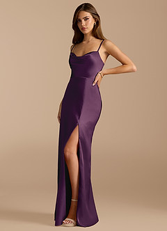 Azazie Erma Bridesmaid Dresses Plum A-Line Side Slit Metallic Satin Dress image4