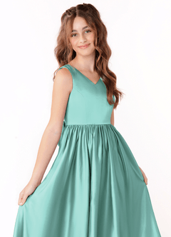 Azazie Hathaway Junior Aqua A-Line Bow Stretch Satin Dress image5