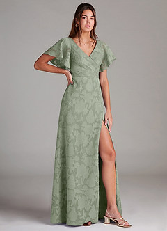 Azazie Ambrosia Bridesmaid Dresses Agave A-Line Pleated Floral Burnout Dress image3