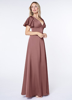 Azazie Lani Bridesmaid Dresses Vintage Mauve A-Line Flounce Sleeve Stretch Satin Dress image4