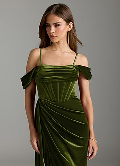 Azazie Amyra Bridesmaid Dresses Olive Sheath Off the Shoulder Velvet Convertible Dress image3