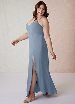 Azazie Manila Jurken voor bruidsmeisjes Jurk van Chiffon met Kolom V-hals Stoffig Blauw image9