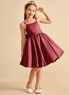 Azazie Davine Flower Girl Dresses Pomegranate A-Line Spaghetti Strap Matte Satin Dress image4