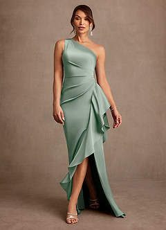 Azazie Yvette Mother of the Bride Dresses Agave Sheath One Shoulder Stretch Satin Dress image3