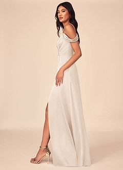 Azazie Ocean Vestidos de damas de honor Vestido de Alabastro Blanco de Satén Elástico de Corte en A con Cuello en V Plisado image3